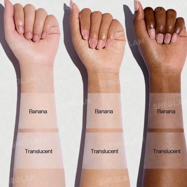 Loose setting powder swatches on forearms, translucent and banana tones