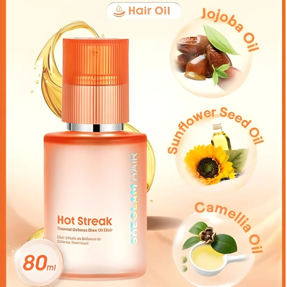 Orange hair oil elixir bottle with ribbed cap and visible 80 ml label