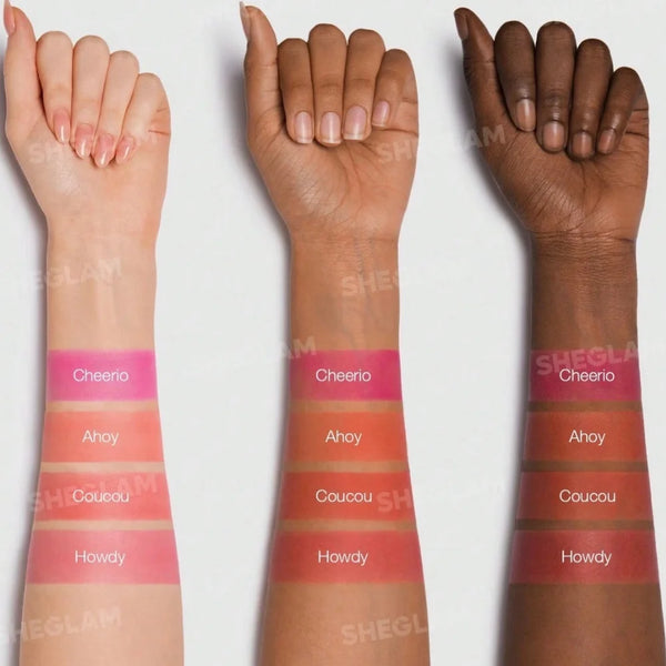 Lip & blush tint swatches on skin: Cheerio, Ahoy, Coucou, Howdy