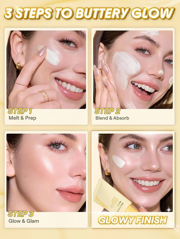 Hydrating face primer swatch on cheek and hand, creamy white melt texture