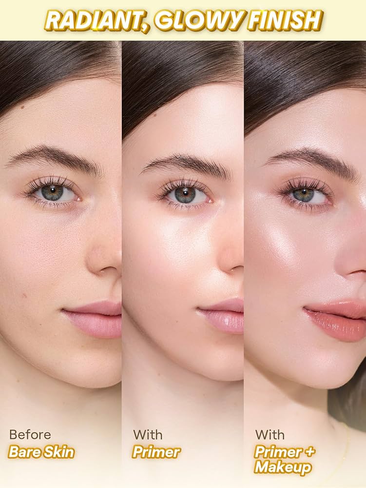 Glowing face with hydrating primer finish, smooth skin on cheeks and lips