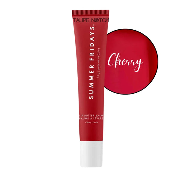 Lip butter balm tube in Cherry red, taupe notch cap