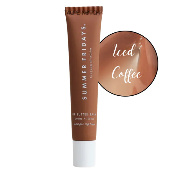 Lip butter balm tube in Iced Coffee, taupe notch cap