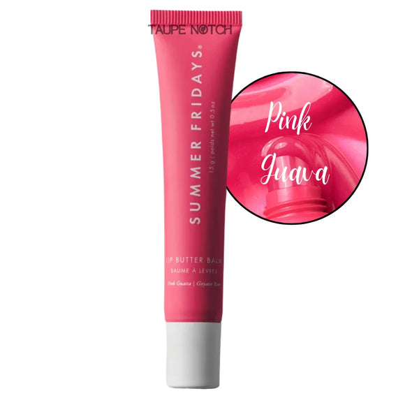 Lip butter balm tube in Pink Guava, taupe notch cap