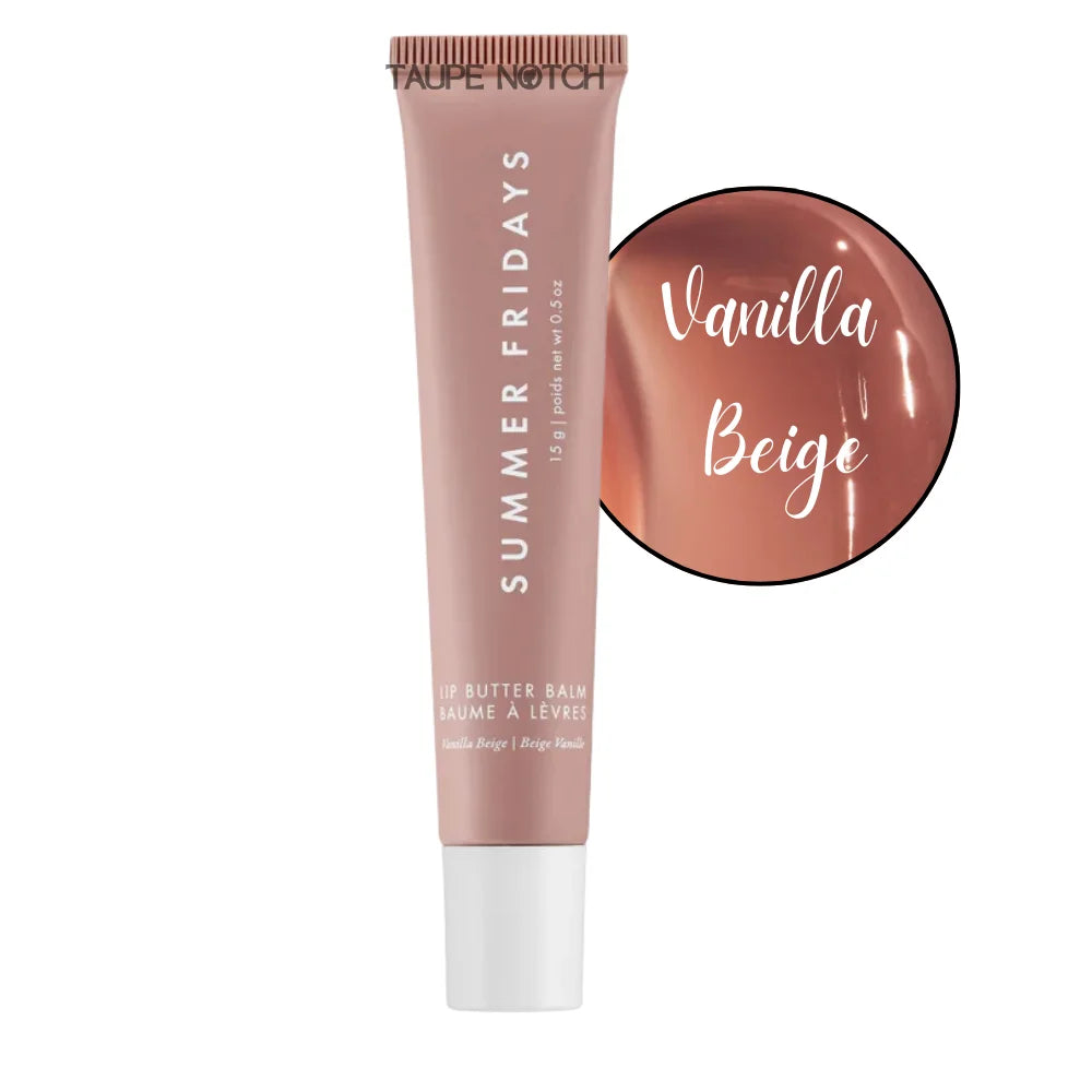 Lip butter balm tube in Vanilla Beige, taupe notch cap