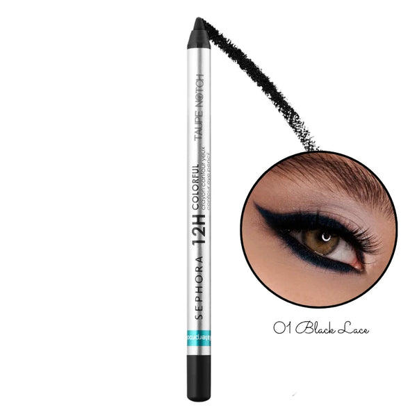 Eyeliner pencil in black shade, tapered tip with black liner swatch