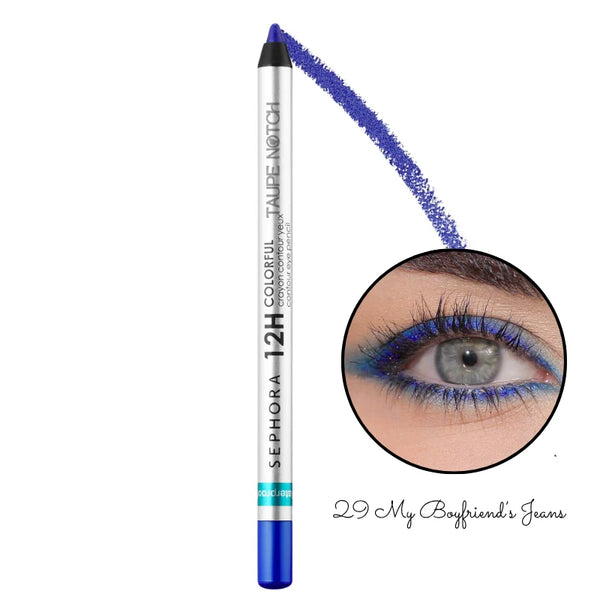 Eyeliner pencil in vivid blue shade, tapered tip with bold blue line swatch