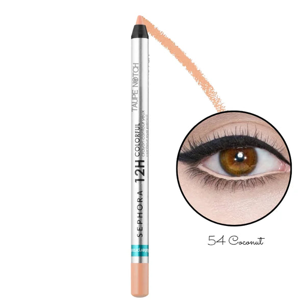 Eyeliner pencil in light nude/peach shade, tapered tip with soft swatch