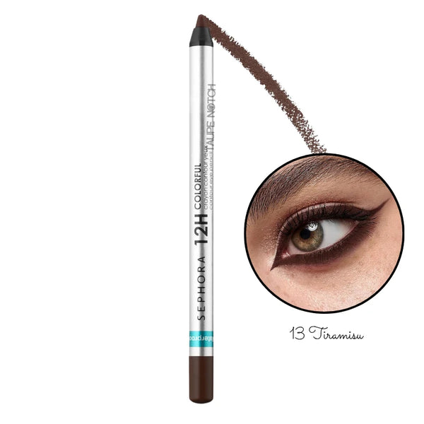 Eyeliner pencil in medium brown shade, tapered tip with dark brown swatch