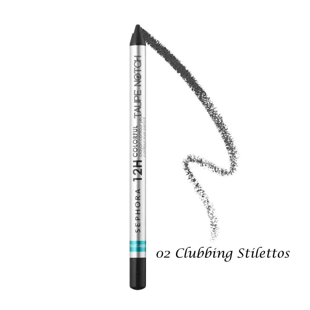 Eyeliner pencil in deep black shade, tapered tip with smoky black swatch