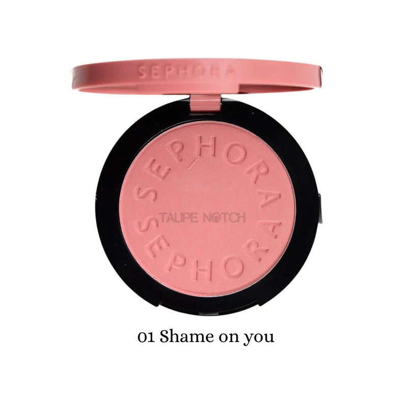 Powder blush compact, dusty rose-pink shade 01 Shame on you