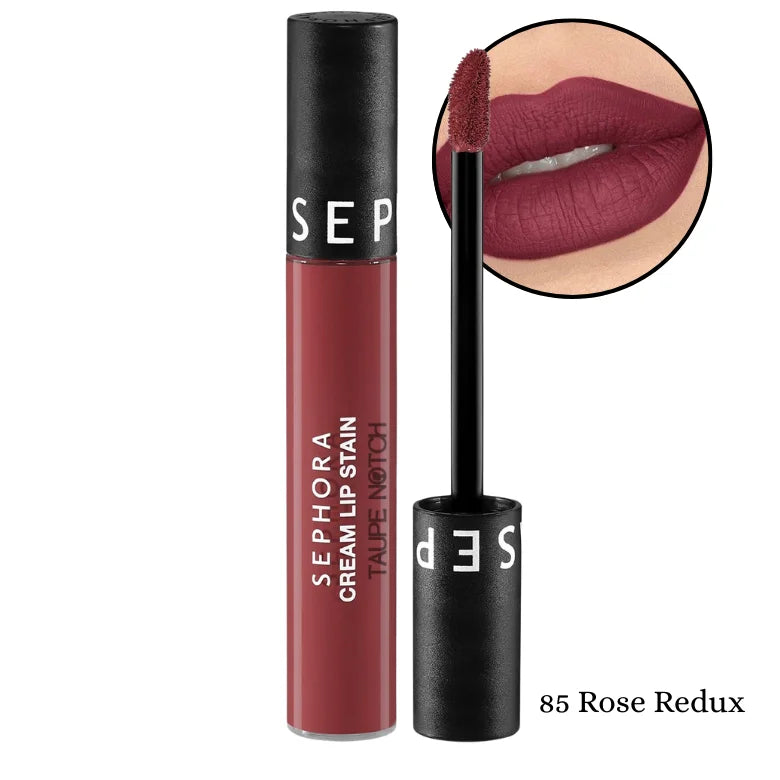 SEPHORA COLLECTION cream lip stain tube and wand; rose mauve lip tint close-up