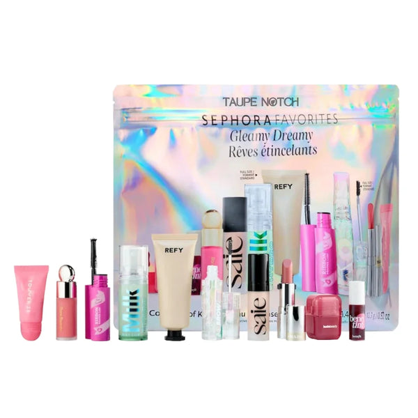 Makeup value set with assorted lip, face, and eye products in a holographic pouch