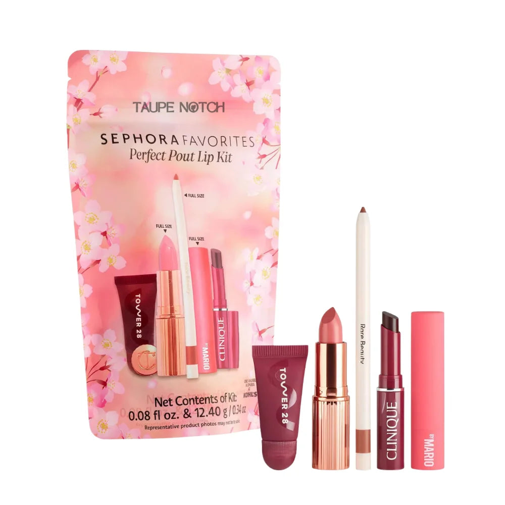 Lip kit set with pink pouch and assorted lipsticks and lip glosses