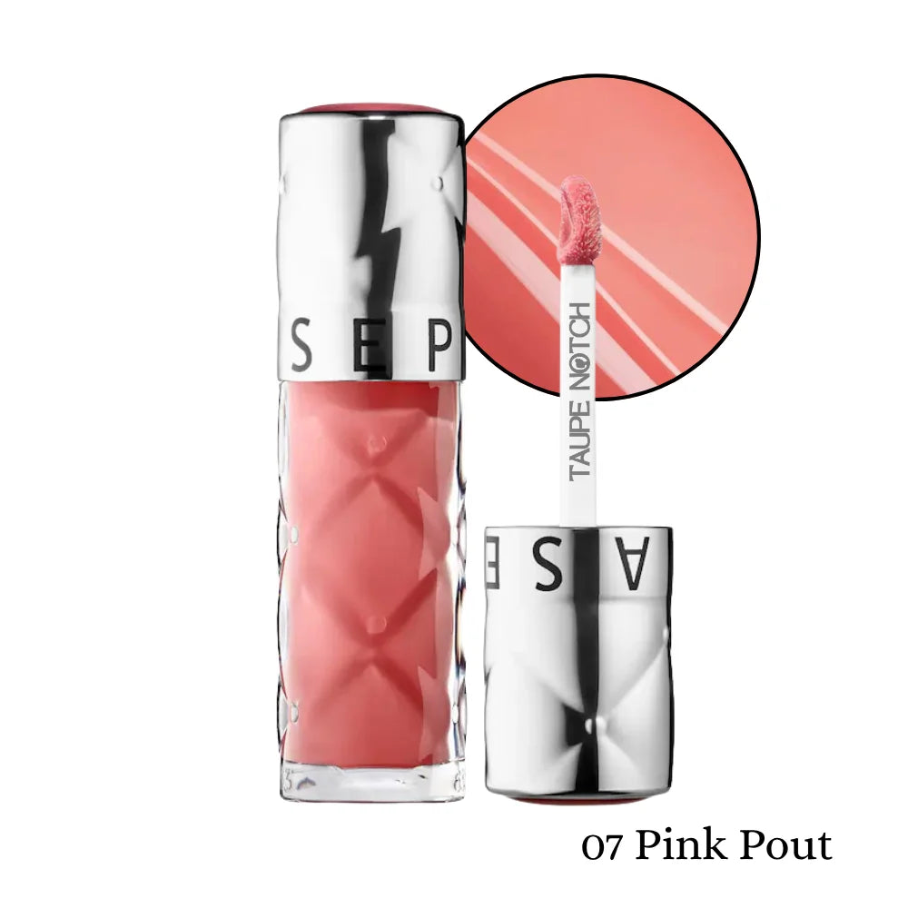 Sephora Outrageous Plump lip gloss, pink pout shade with silver tube and wand applicator.
