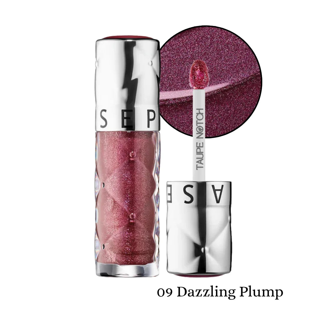 Sephora Outrageous Plump lip gloss, dazzling plump plum glitter shade with silver tube and wand.