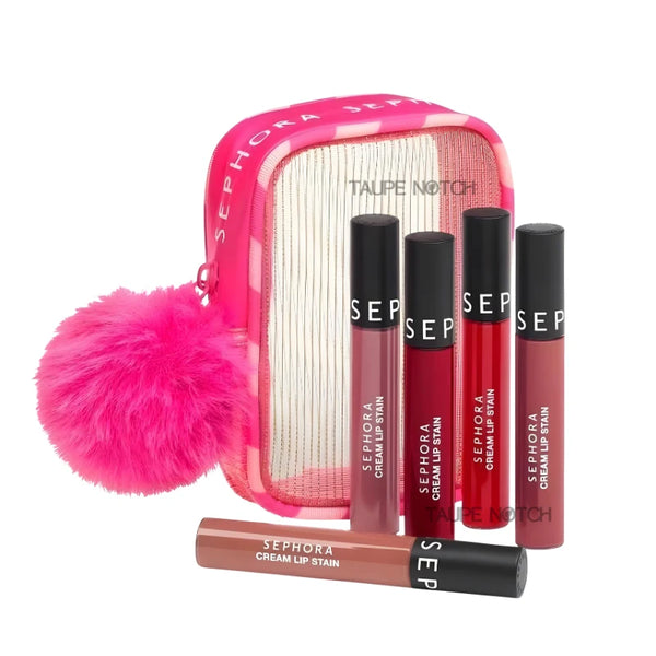 Cream lip stain gift set with pink zip pouch and five lip tubes