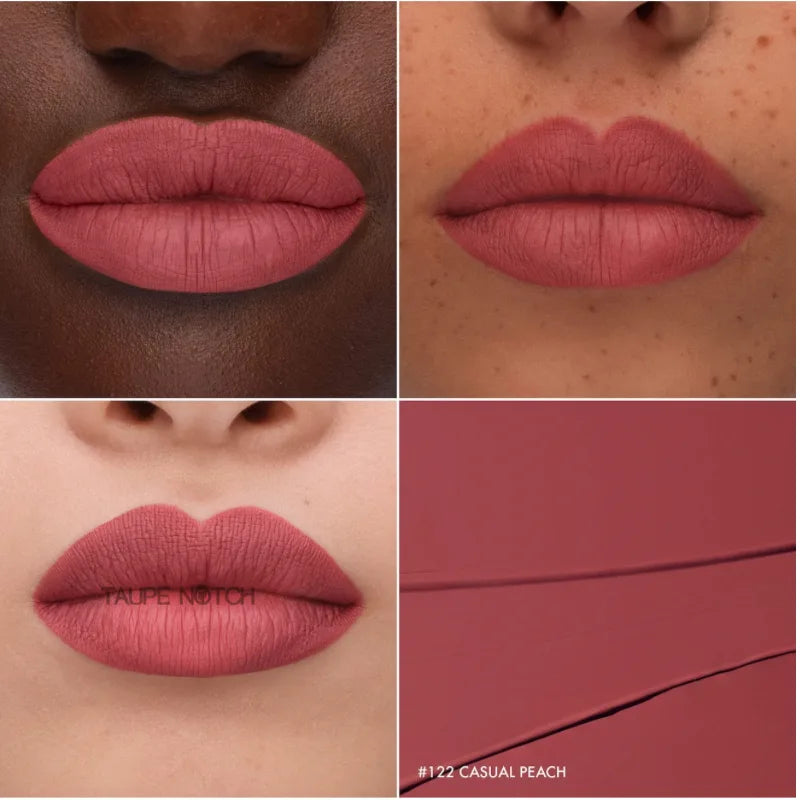 Cream lip stain swatches on lips in soft pink and rosy peach