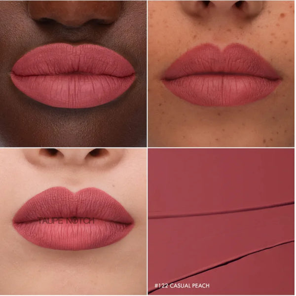 Cream lip stain swatches on lips in soft pink and rosy peach