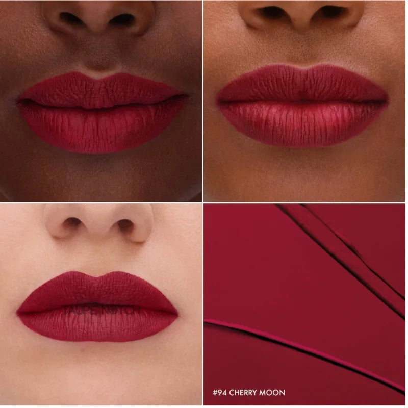 Cream lip stain swatches on lips in deep red and rosewood