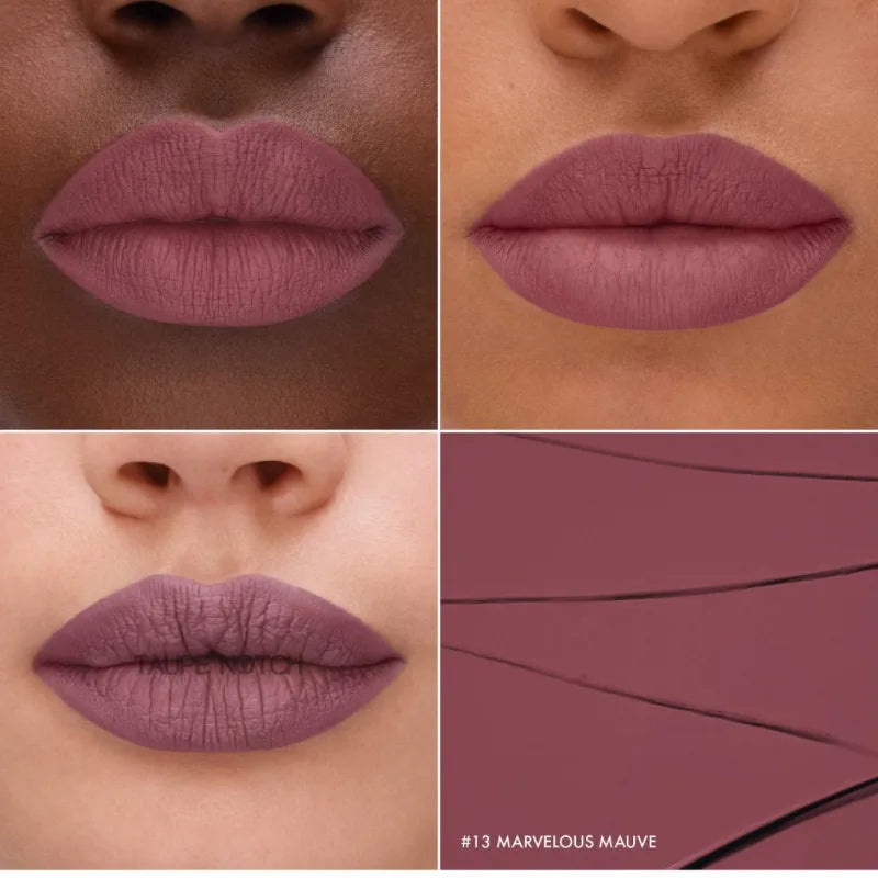 Cream lip stain swatches on lips in mauve pink and dusty mauve