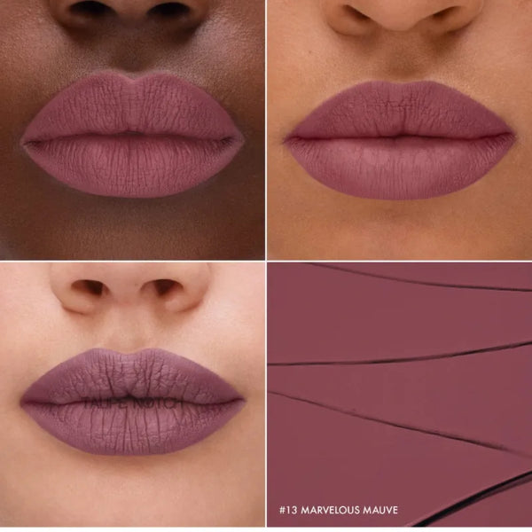 Cream lip stain swatches on lips in mauve pink and dusty mauve