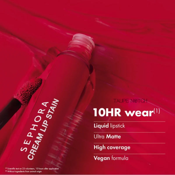 Cream lip stain bottle with wand and 10hr wear info