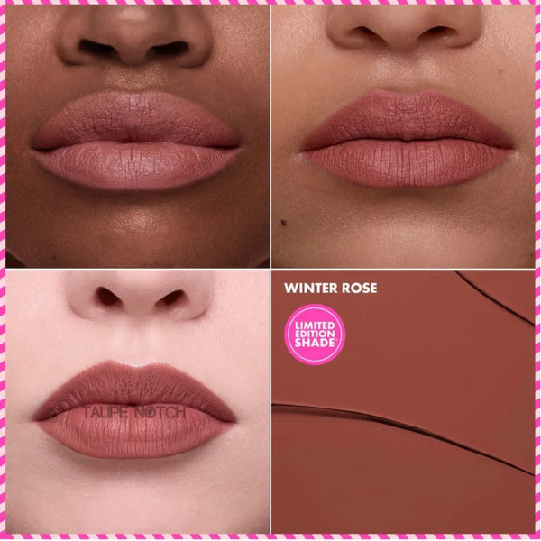 Cream lip stain swatches on lips in taupe rose and warm nude