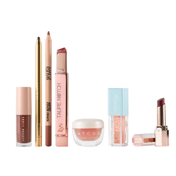 Assorted lip set with lipsticks, gloss, and balm in nude and berry tones