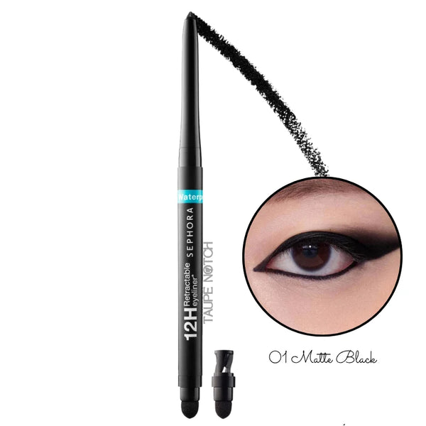Retractable waterproof eyeliner pen in matte black with smudged wing swatch