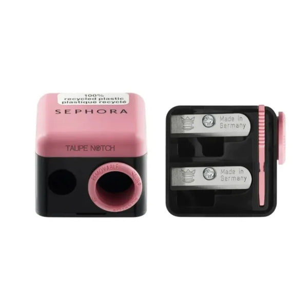 Sephora Collection 3-in-1 pencil sharpener in pink and black, with sharpening openings