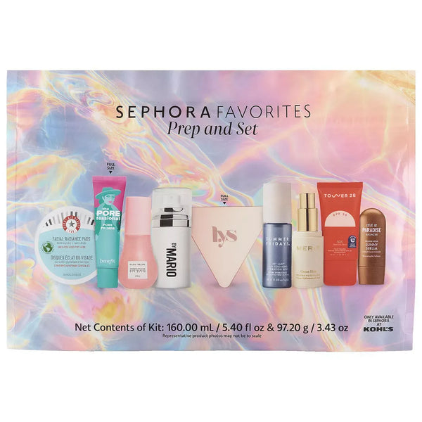 Sephora Favorites Prep and Set product set packaging with colorful background