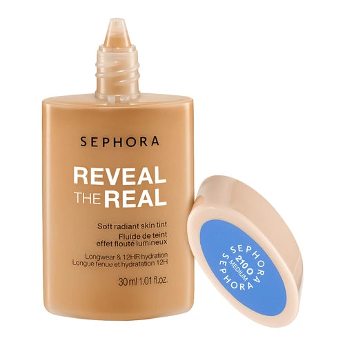 Radiant skin tint bottle front view with pump nozzle and shade cap, light beige