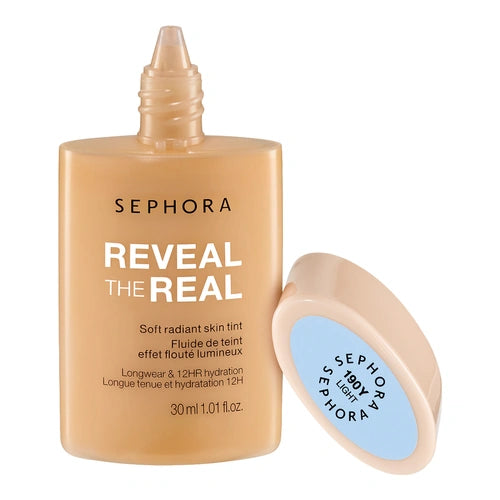 Radiant skin tint bottle with pump nozzle and attached shade cap, light beige