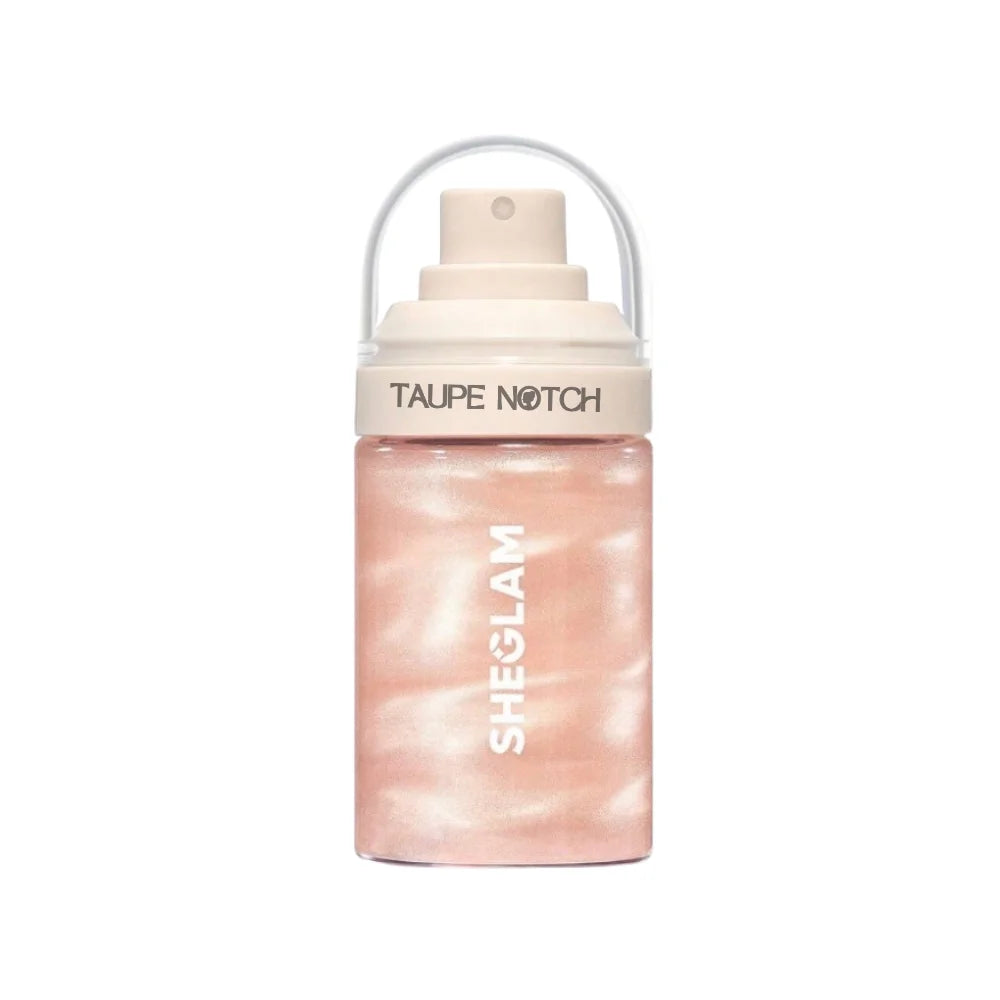 Luminous setting spray bottle with translucent pink mist finish and white pump cap