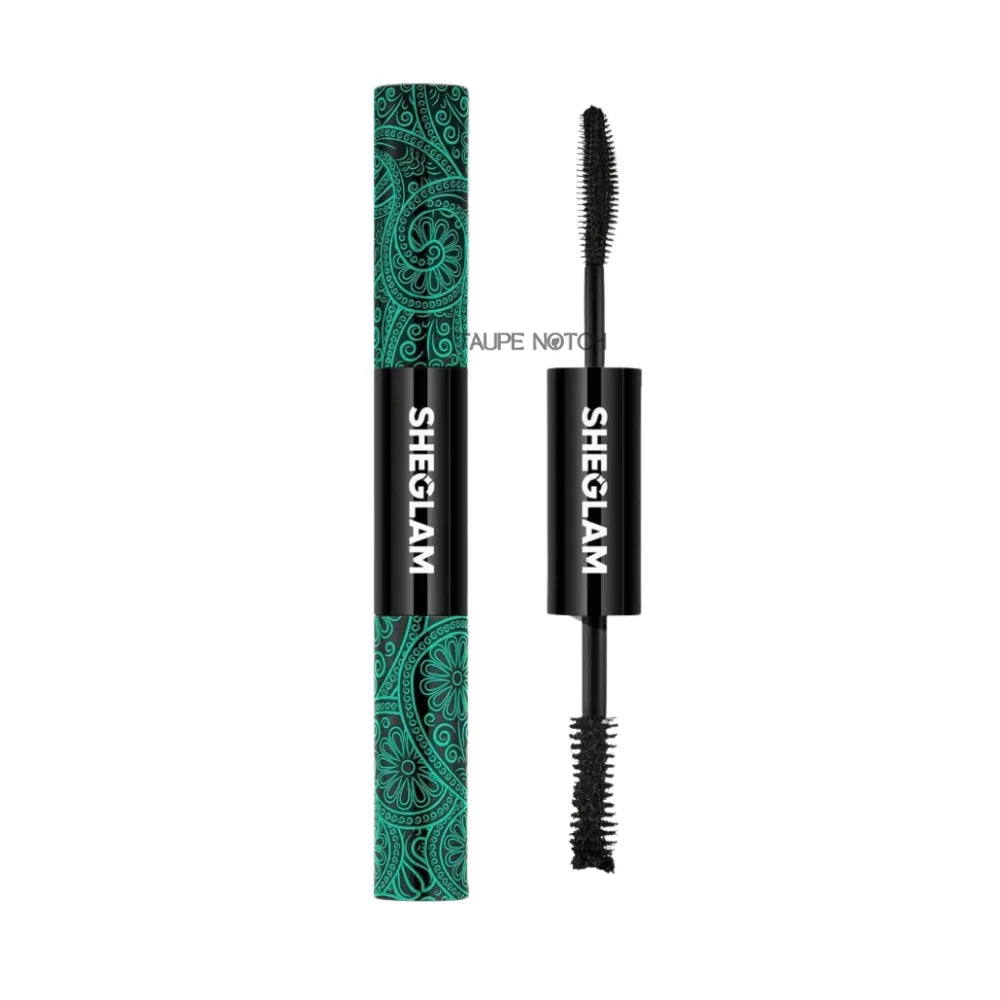Volume-length mascara with teal patterned tube and black bristle wand