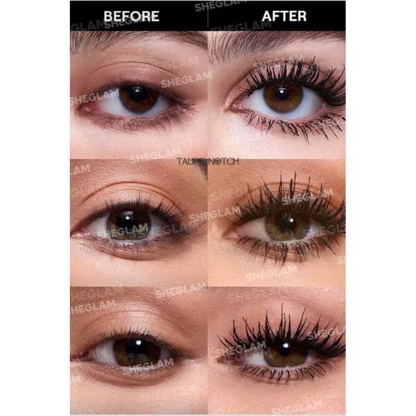 Lashes on eyelids showing before and after mascara volume and length