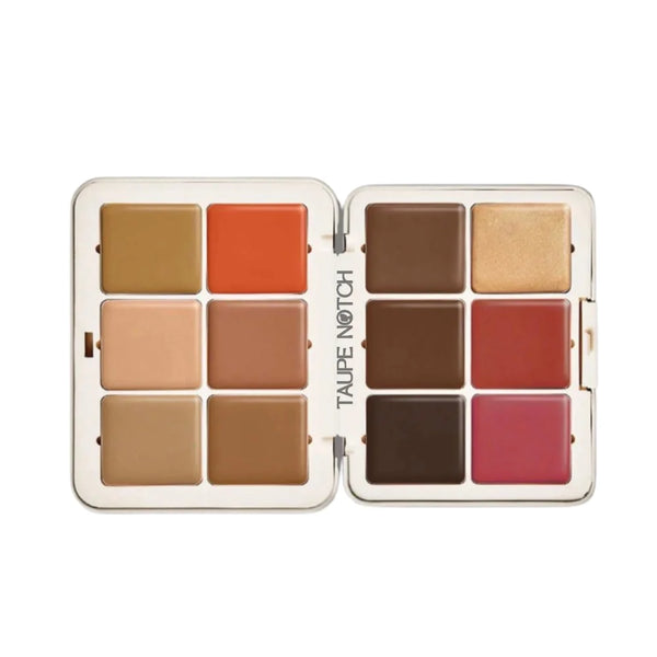 Face palette open, 8 warm nude and bronze pans with terracotta accents