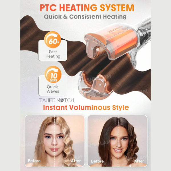 Dual-barrel hair waver with orange heated barrel, styling waver close-up