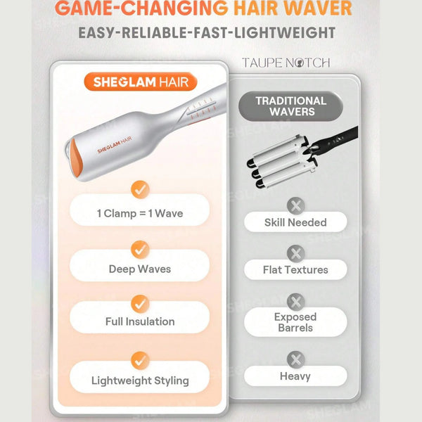 Hair waver packaging highlighting 1 clamp, deep waves, and full insulation