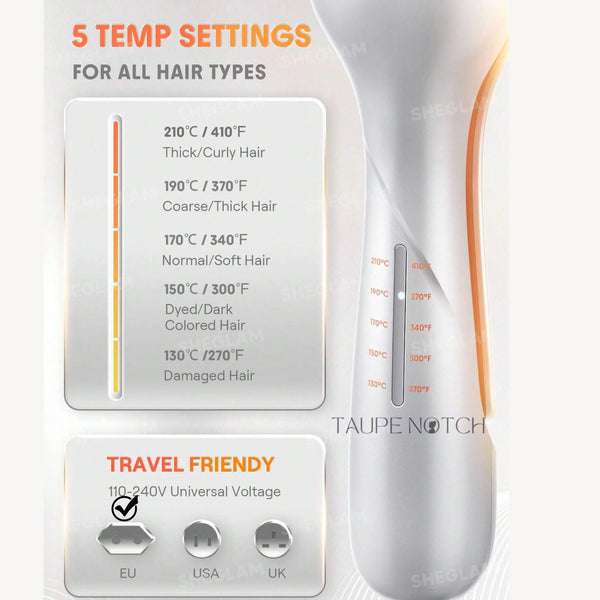 Hair waver packaging with five heat settings and travel voltage info