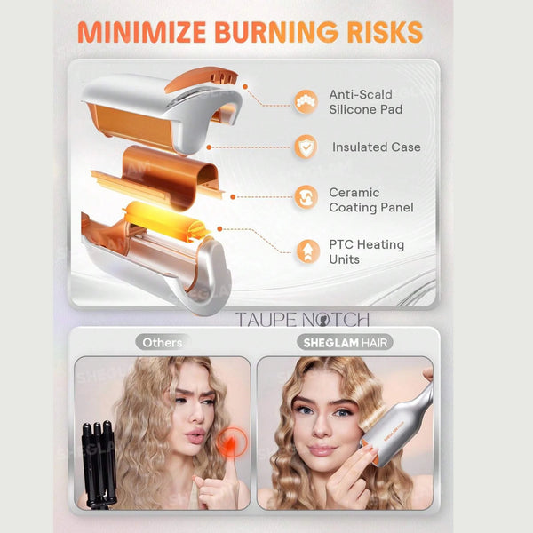 Hair waver packaging showing anti-scald silicone pad and insulated design