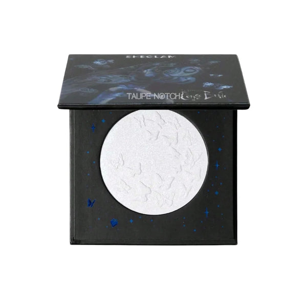 Butterfly-themed highlighter compact with circular pale blue shimmer pan and black cover