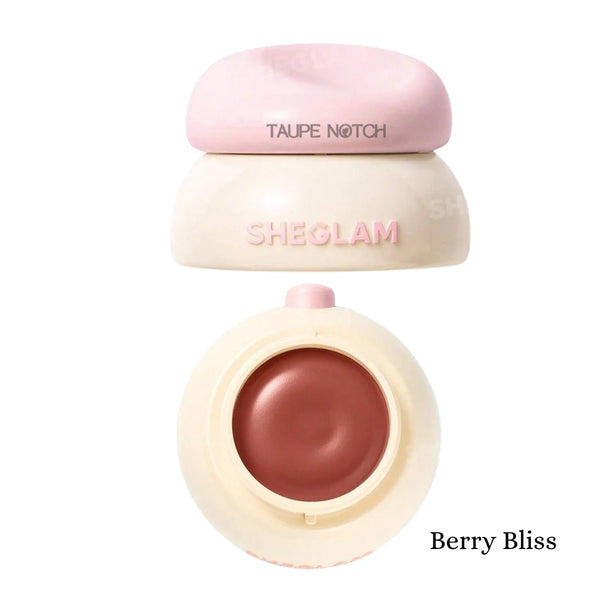 Lip putty pot with pale pink cap; open case shows berry-red lip shade