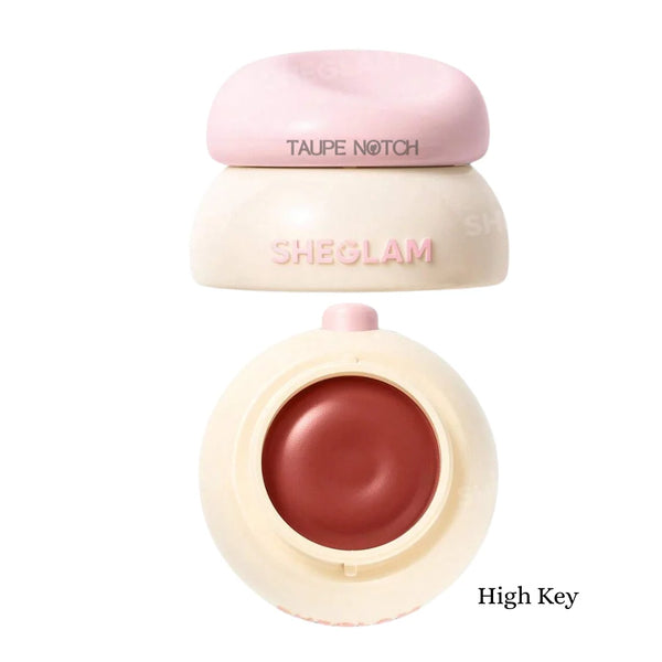 Lip putty pot with pale pink cap; open round case shows taupe-brown lip shade