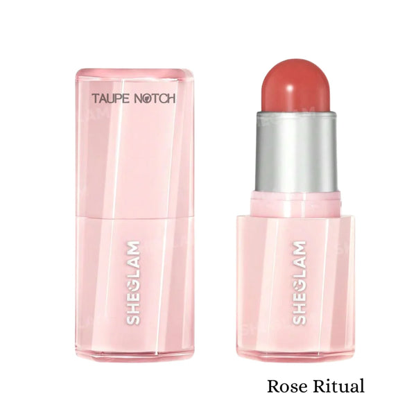 Blush stick with clear pink tube and deep rose balm cap; Rose Ritual