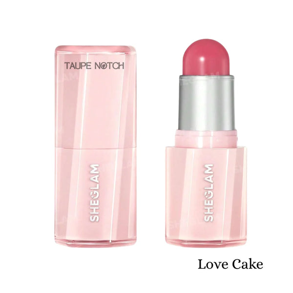 Blush stick with clear pink tube and rosy pink balm cap; Love Cake