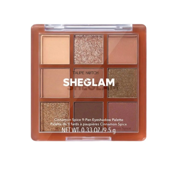 Sheglam Cinnamon Spice 9-pan eyeshadow palette with warm beige, taupe, brown shades