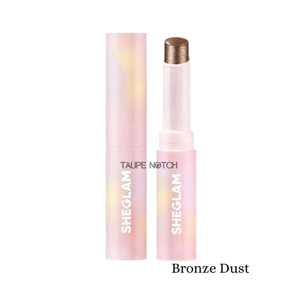 Crystal jelly glaze stick in bronze glitter with pink translucent tube and cap.