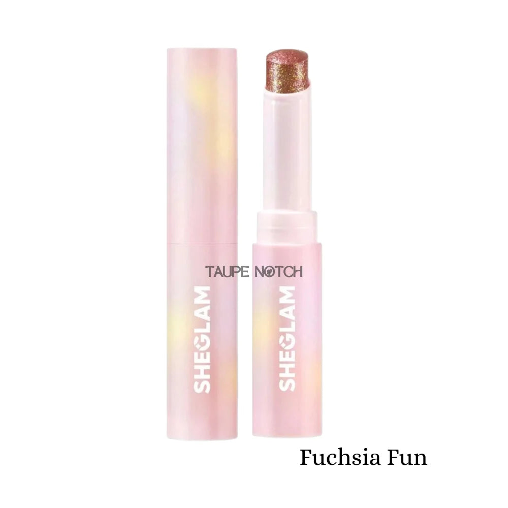 Crystal jelly glaze stick with fuchsia-purple glitter cap and pale pink tube.